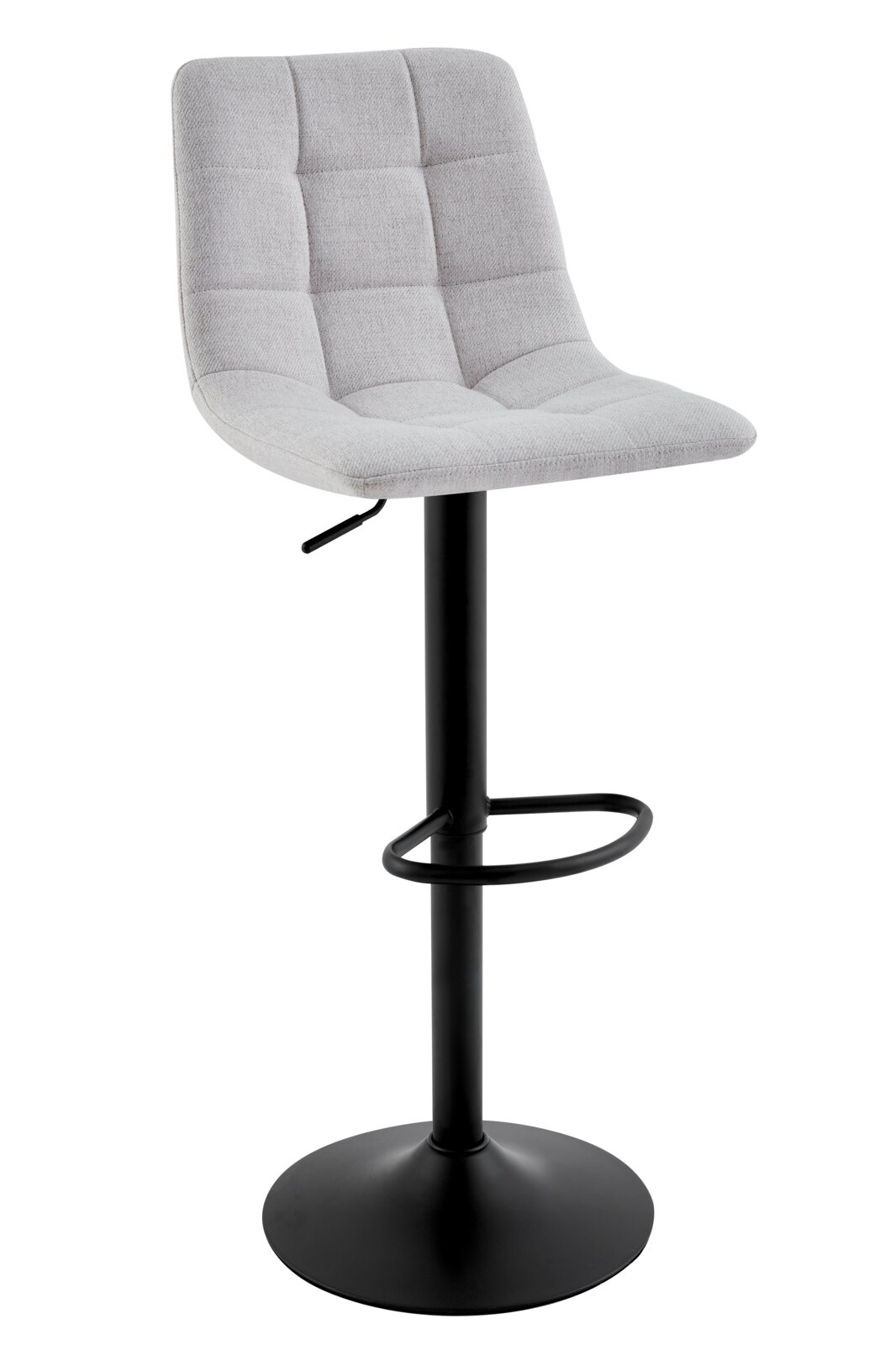 Moderner Barhocker mit grauem, gepolstertem Sitz und schwarzem Metallgestell, seitliche Perspektive
