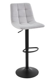 Moderner Barhocker mit grauem, gepolstertem Sitz und schwarzem Metallgestell, seitliche Perspektive