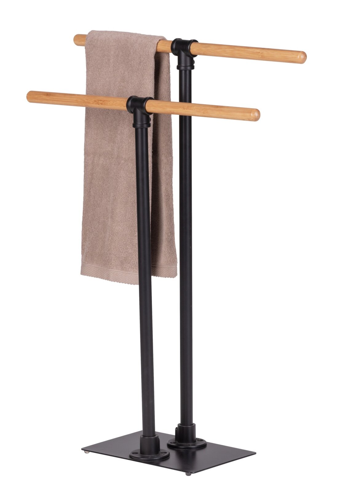 Moderne handdoekhouder met twee houten stangen en een zwart metalen frame, gezien vanaf de zijkant.