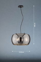 Moderne Pendelleuchte Dima mit glänzendem, kugelförmigem Schirm, Durchmesser 40 cm, Höhe 160 cm, seitliche Perspektive.