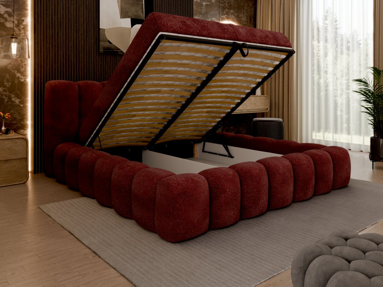 Gestoffeerd bedframe in rood met opklapbare matrasbeschermer, zijaanzicht