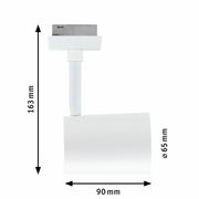 Weißer Schienenspot Luxe, seitliche Ansicht, mit den Maßen 163 mm Höhe, 90 mm Länge und 65 mm Durchmesser.