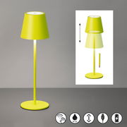 Grüne Akku-Tischleuchte VILETTO mit modernem Design, verstellbarem Schirm und Touch-Bedienung, seitliche Perspektive.