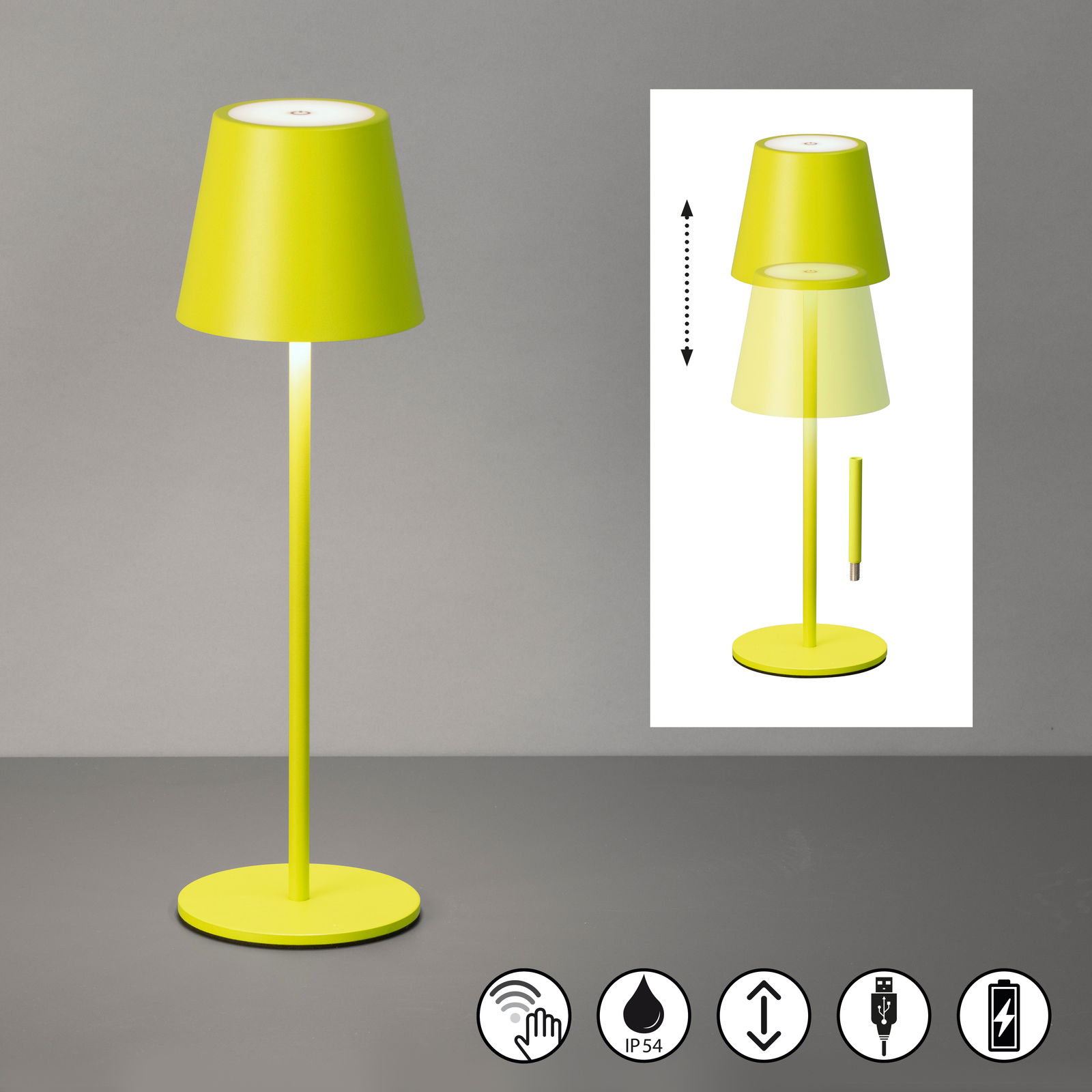 Grüne Akku-Tischleuchte VILETTO mit modernem Design, verstellbarem Schirm und Touch-Bedienung, seitliche Perspektive.