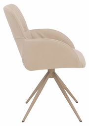 Seitenansicht eines beigen Armlehnstuhls mit vier Beinen und modernem Design.