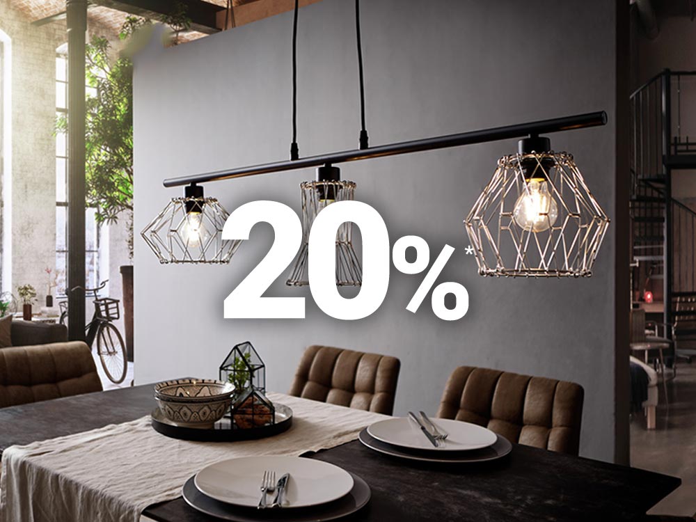 Moderner Essbereich mit stilvollen Drahtpendelleuchten und einem für eine Mahlzeit gedeckten Tisch, mit einem „20%“-Rabatttext im Vordergrund.