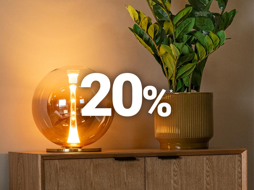 Leuchtende Glaskugellampe und grüne Pflanze mit 20 % Rabatt.