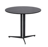 Runder Beistelltisch mit schwarzer Tischplatte und dreibeinigem Metallgestell, seitliche Perspektive