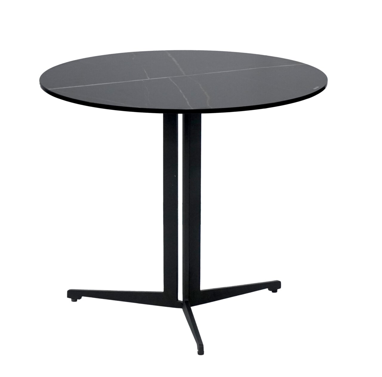 Runder Beistelltisch mit schwarzer Tischplatte und dreibeinigem Metallgestell, seitliche Perspektive