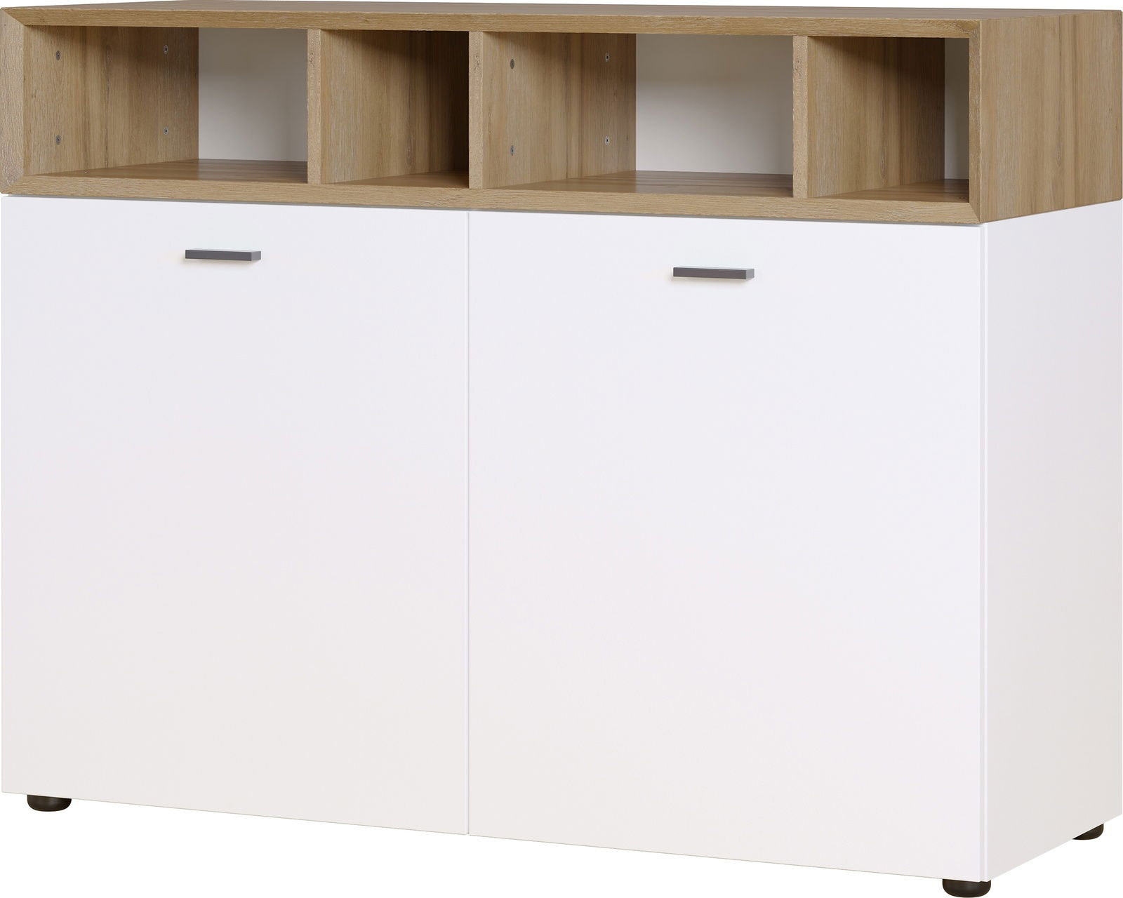 Weiße Kommode mit zwei Türen und drei offenen Fächern in Holzoptik, frontale Ansicht.