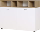 Weiße Kommode mit zwei Türen und drei offenen Fächern in Holzoptik, frontale Ansicht.