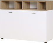 Weiße Kommode mit zwei Türen und drei offenen Fächern in Holzoptik, frontale Ansicht.