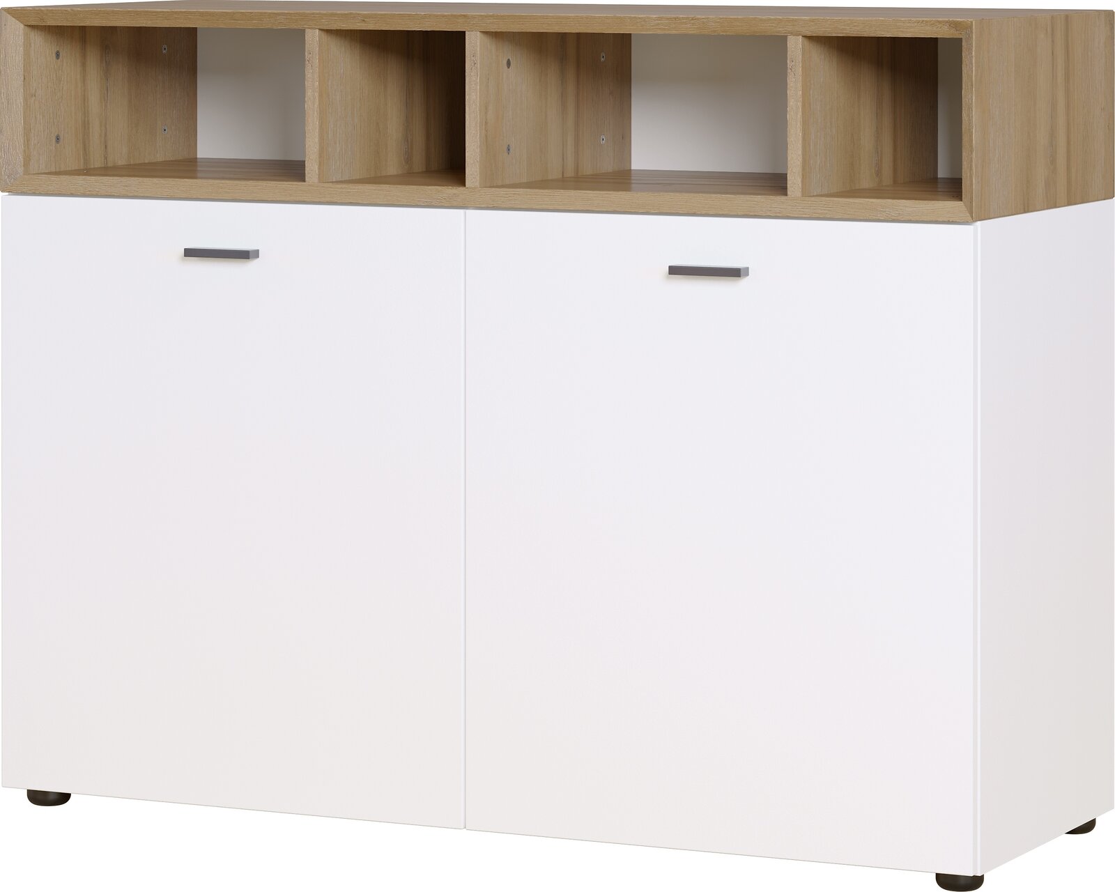 Weiße Kommode mit zwei Türen und drei offenen Fächern in Holzoptik, frontale Ansicht.