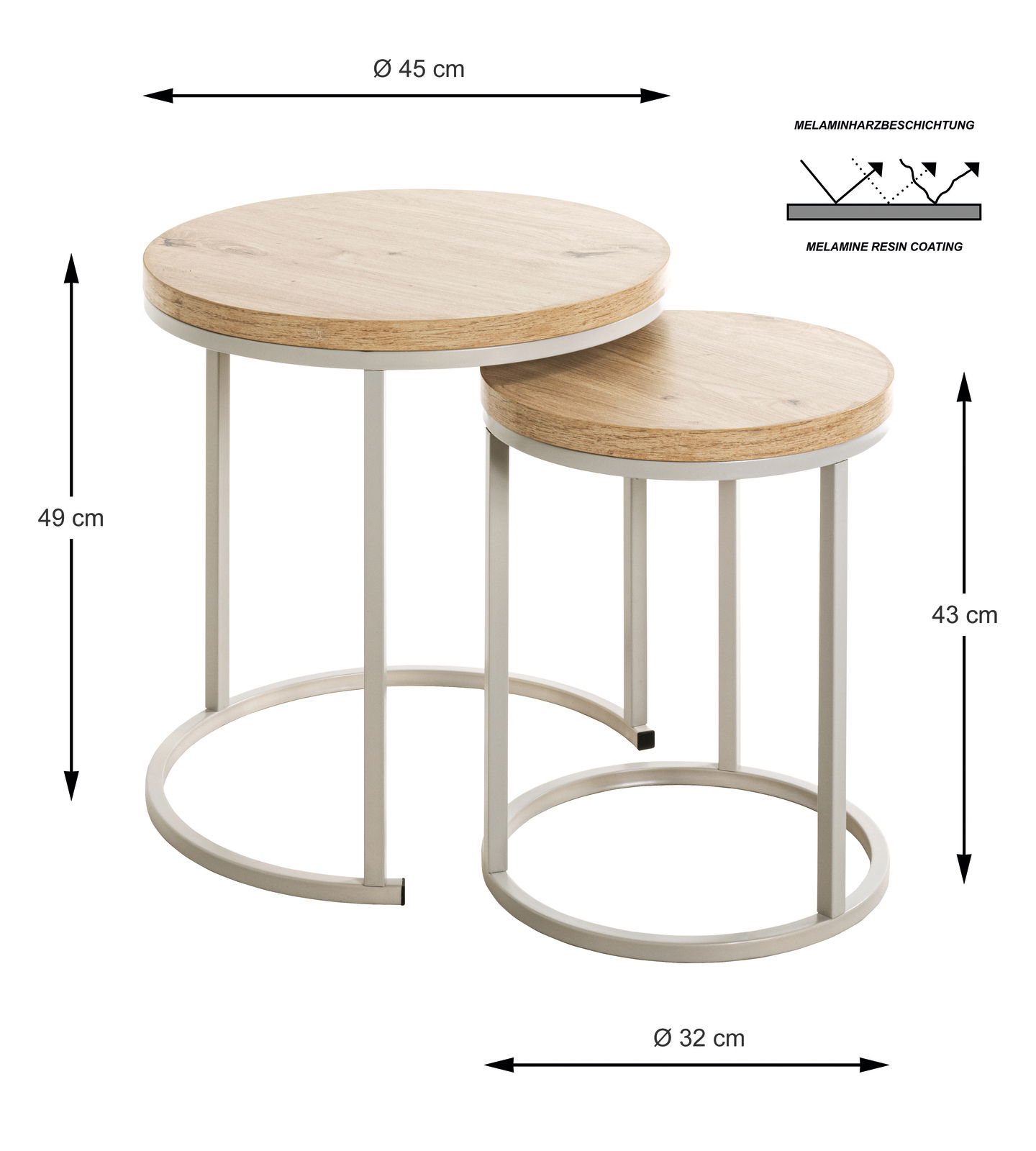 Zweier-Set Beistelltische mit runden Holzplatten und Metallgestell, größere Tischhöhe 49 cm, kleinere Tischhöhe 43 cm, Draufsicht