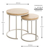 Zweier-Set Beistelltische mit runden Holzplatten und Metallgestell, größere Tischhöhe 49 cm, kleinere Tischhöhe 43 cm, Draufsicht