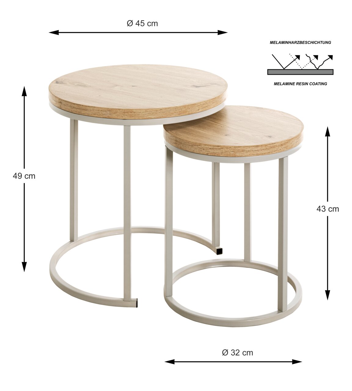 Set van twee bijzettafels met ronde houten bladen en een metalen onderstel, grotere tafelhoogte 49 cm, kleinere tafelhoogte 43 cm, bovenaanzicht