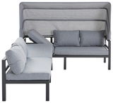 Graues Dining-Lounge-Set mit Ecksofa und verstellbarem Sonnendach, seitliche Perspektive