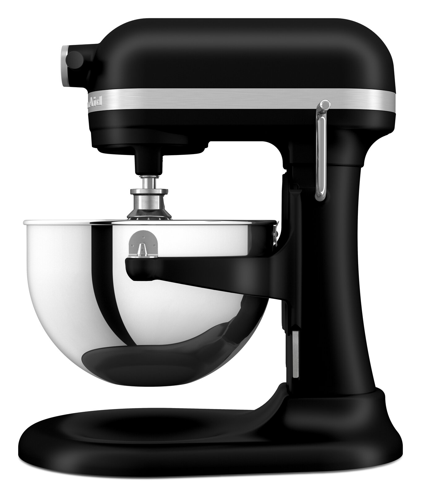 Schwarze Küchenmaschine Heavy Duty 5,2L, seitliche Ansicht mit Edelstahl-Rührschüssel.