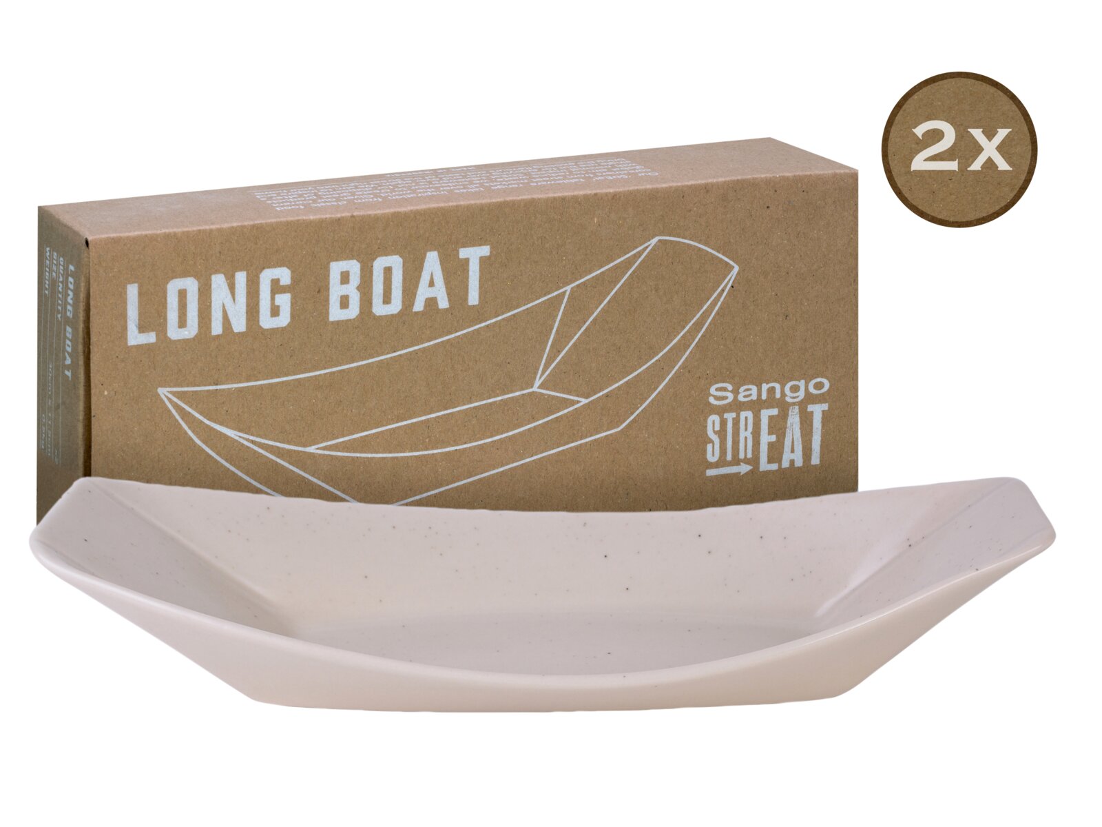 Creatable Boat 2-tlg STREET FOOD Weiß gesprenkelte, bootförmige Servierschale „Long Boat“ von sango STREET mit Kartonverpackung und 2x-Hinweis, freigestellt auf Weiß, frontal in leichter Seitenansicht von oben.