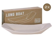 Weiß gesprenkelte, bootförmige Servierschale „Long Boat“ von sango STREET mit Kartonverpackung und 2x-Hinweis, freigestellt auf Weiß, frontal in leichter Seitenansicht von oben.