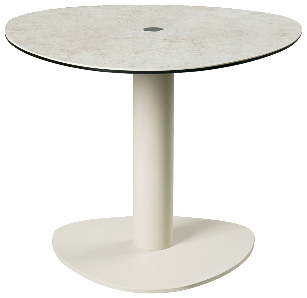 Runder Beistelltisch mit hellem, marmoriertem Tischplatte und stabilem, zylindrischem Standfuß, seitliche Perspektive