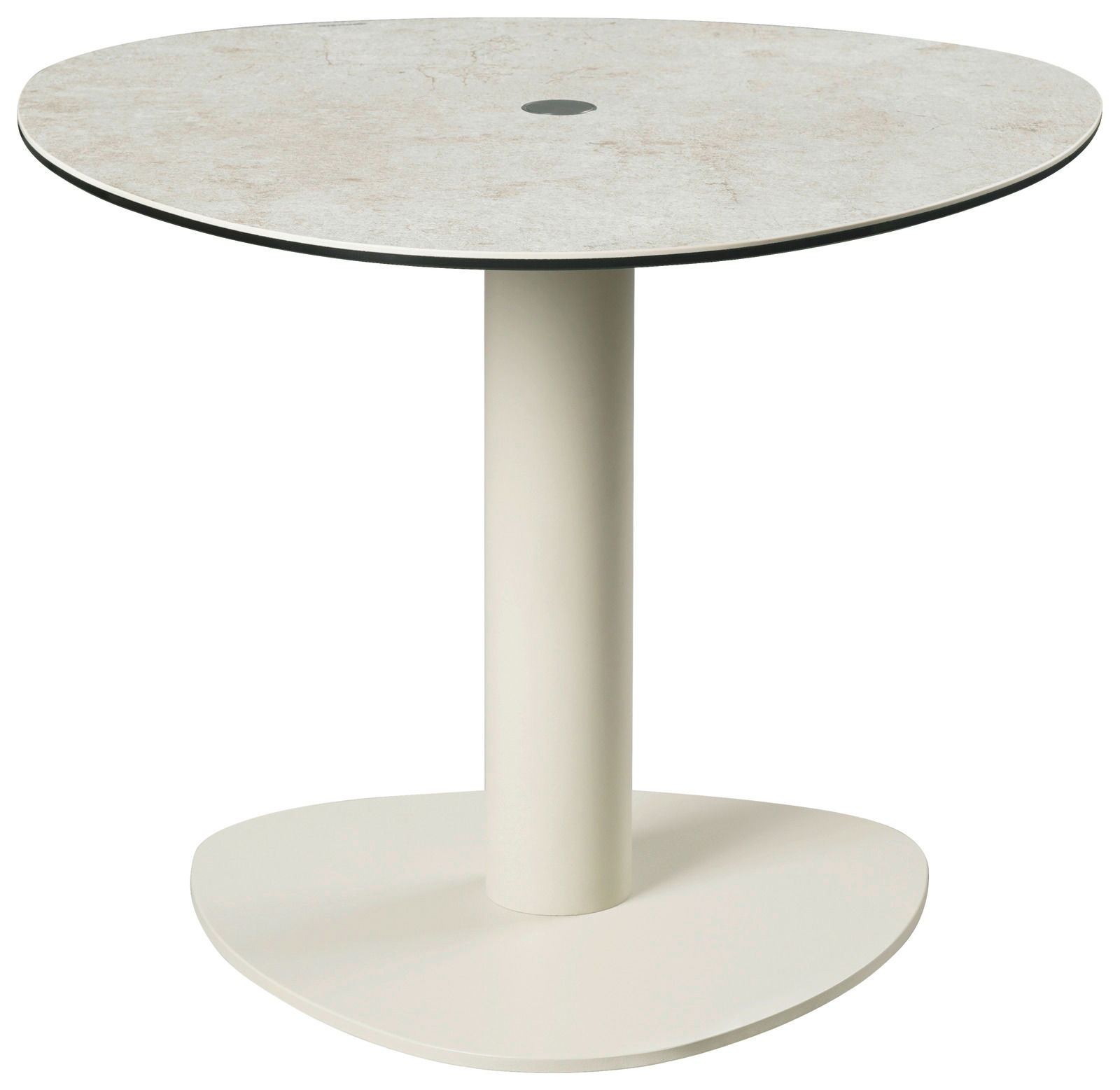 Runder Beistelltisch mit hellem, marmoriertem Tischplatte und stabilem, zylindrischem Standfuß, seitliche Perspektive