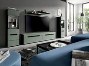 Modernes Wohnzimmer mit grünem TV-Lowboard, zwei Vitrinenschränken und Wandregal in Frontansicht, großer Fernseher mittig an der Wand