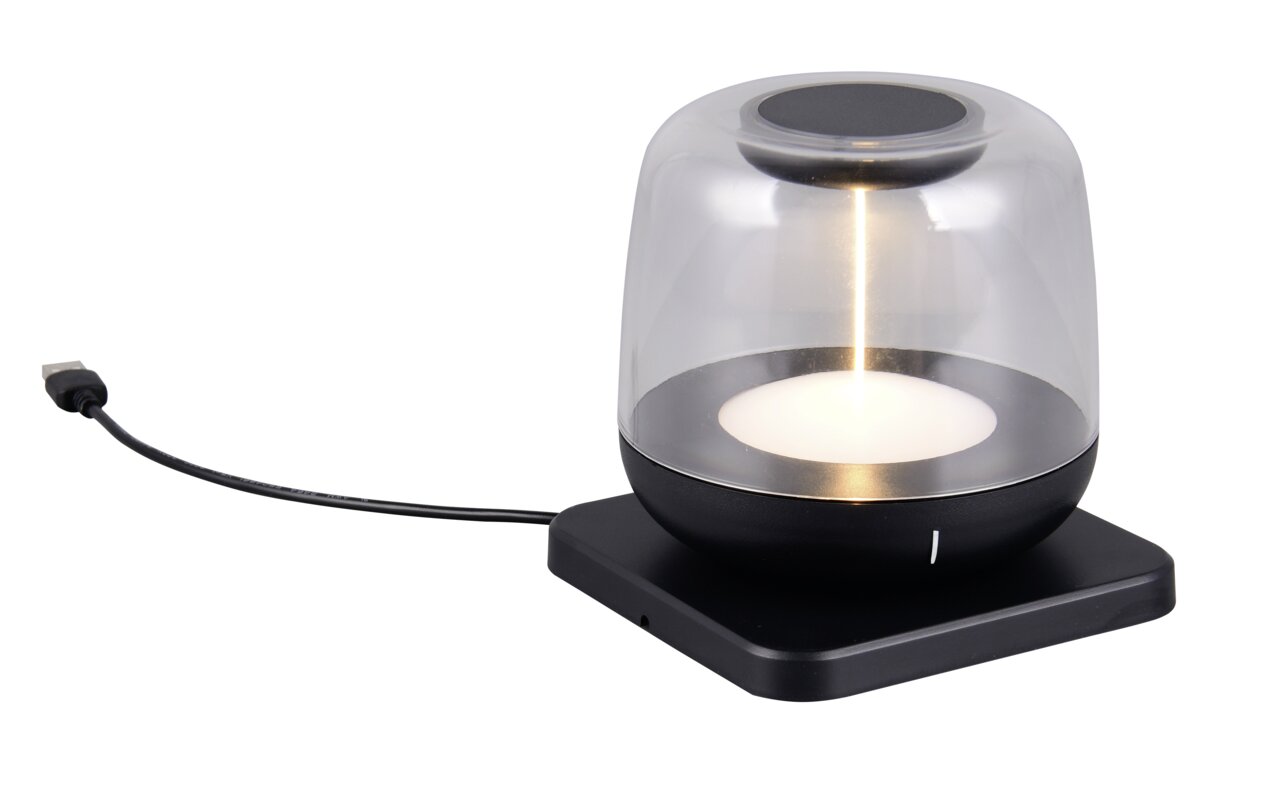 Moderne Akku-Tischleuchte mit transparentem Schirm und USB-Kabel, seitliche Perspektive