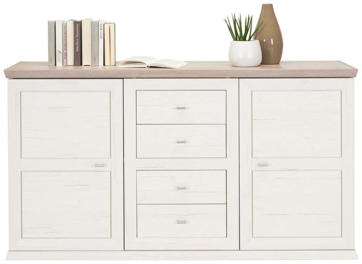 Weißes Sideboard mit vier Schubladen und zwei Türen, dekoriert mit Büchern, einer Pflanze und einer Vase, aus frontaler Perspektive.