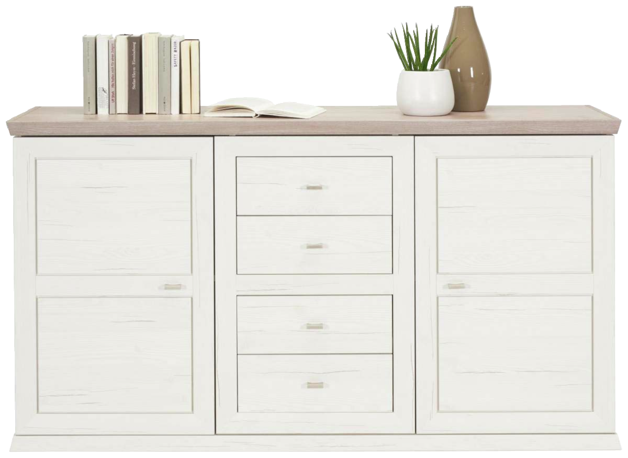 Weißes Sideboard mit vier Schubladen und zwei Türen, dekoriert mit Büchern, einer Pflanze und einer Vase, aus frontaler Perspektive.