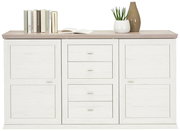 Weißes Sideboard mit vier Schubladen und zwei Türen, dekoriert mit Büchern, einer Pflanze und einer Vase, aus frontaler Perspektive.