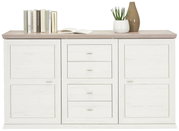 Weißes Sideboard mit vier Schubladen und zwei Türen, dekoriert mit Büchern, einer Pflanze und einer Vase, aus frontaler Perspektive.