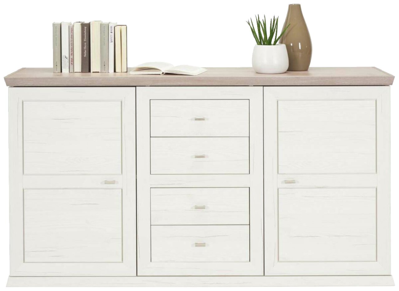 Weißes Sideboard mit vier Schubladen und zwei Türen, dekoriert mit Büchern, einer Pflanze und einer Vase, aus frontaler Perspektive.