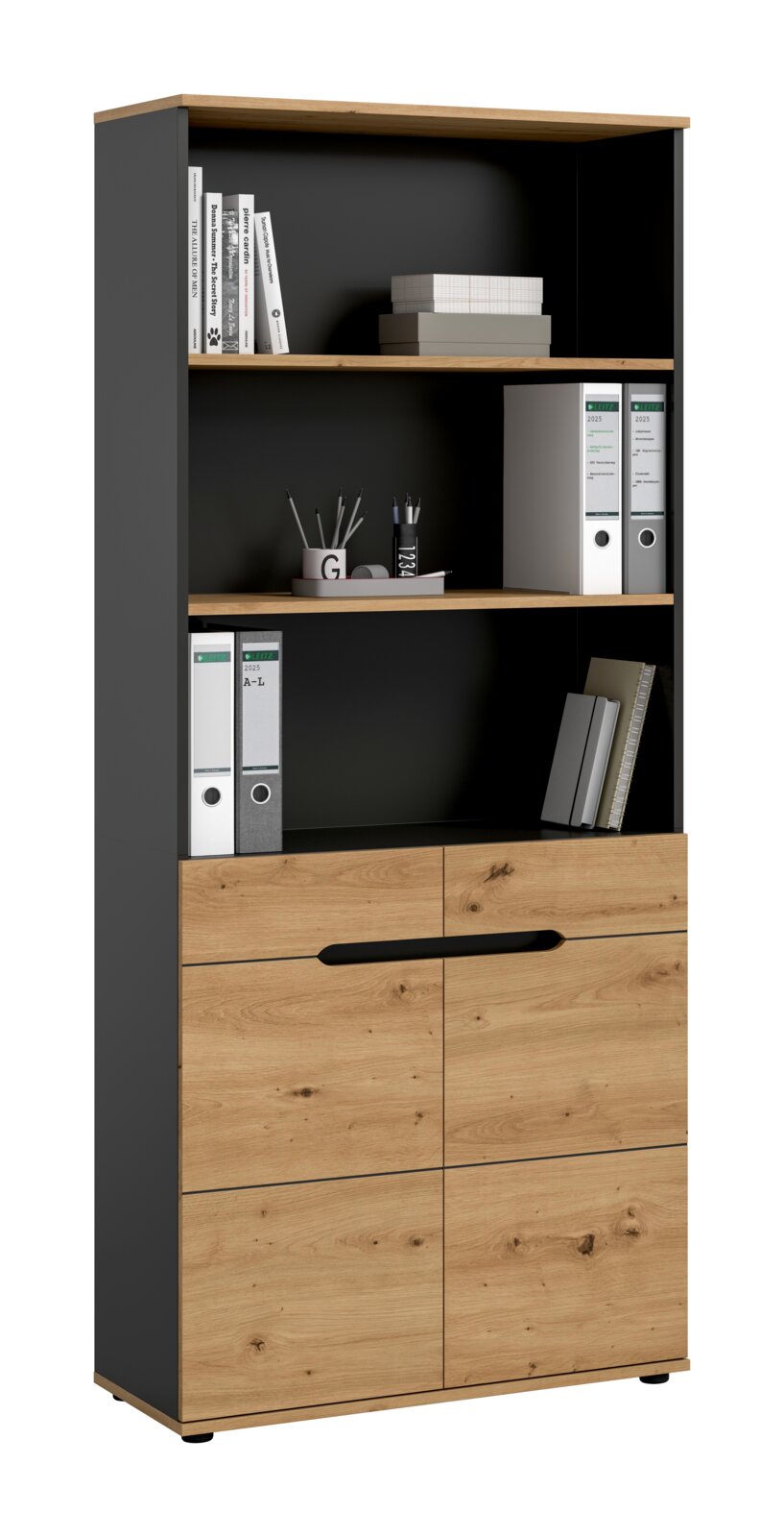 MID.YOU Aktenregal CANU Hoher Büro-Aktenschrank in Anthrazit mit Eichenholz-Optik, oben offene Regalfächer mit Ordnern und Büchern, unten zwei Holztüren mit Griffmulde; frontale Perspektive.