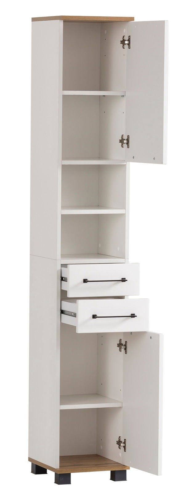 Hochschrank in Weiß mit offenen Türen und Schubladen, seitliche Perspektive