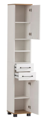 Hochschrank in Weiß mit offenen Türen und Schubladen, seitliche Perspektive