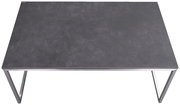 Moderner Couchtisch mit dunkler Tischplatte und Metallgestell, Ansicht von oben.