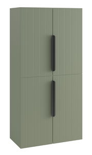 Grüner Midischrank mit vertikalen Linien und schwarzen Griffen, Frontalansicht