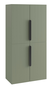 Grüner Midischrank mit vertikalen Linien und schwarzen Griffen, Frontalansicht