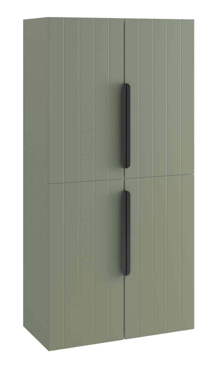 Grüner Midischrank mit vertikalen Linien und schwarzen Griffen, Frontalansicht