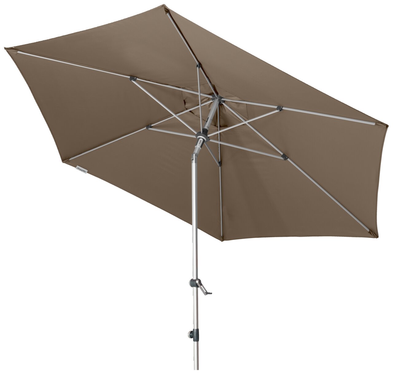 Brauner Kurbelschirm mit rechteckiger Form, seitliche Perspektive