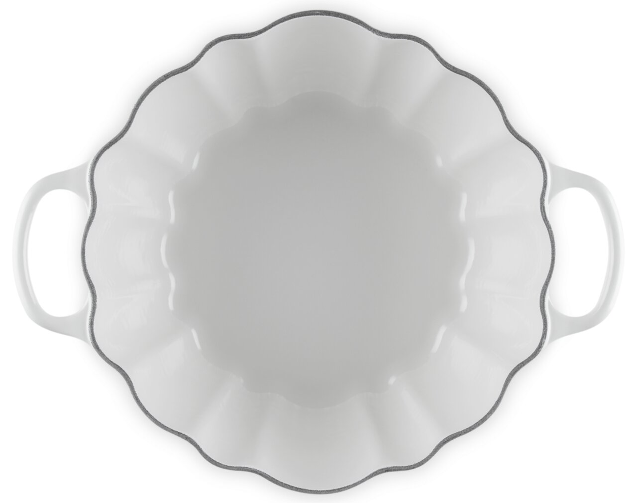 Weißer Kürbis-Bräter mit gewelltem Rand und zwei Griffen, Ansicht von oben