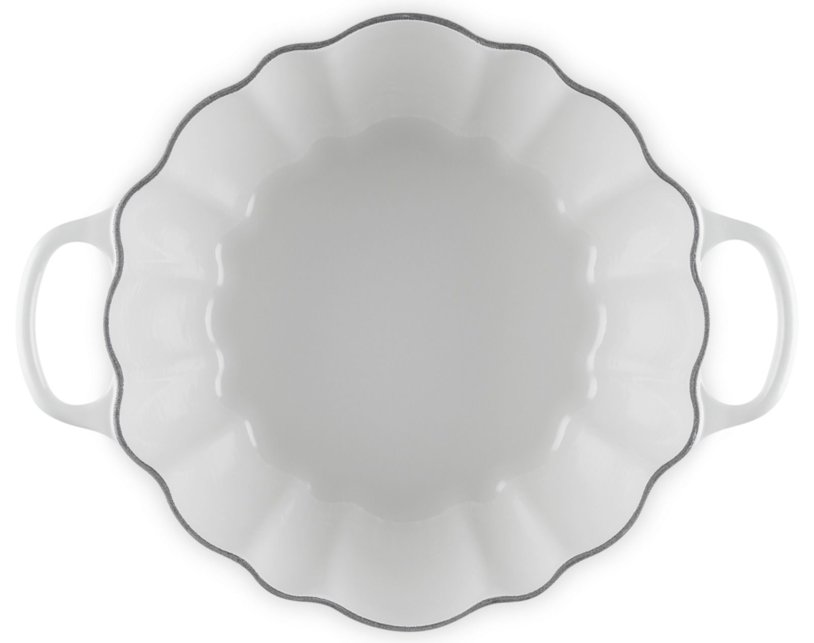 Weißer Kürbis-Bräter mit gewelltem Rand und zwei Griffen, Ansicht von oben