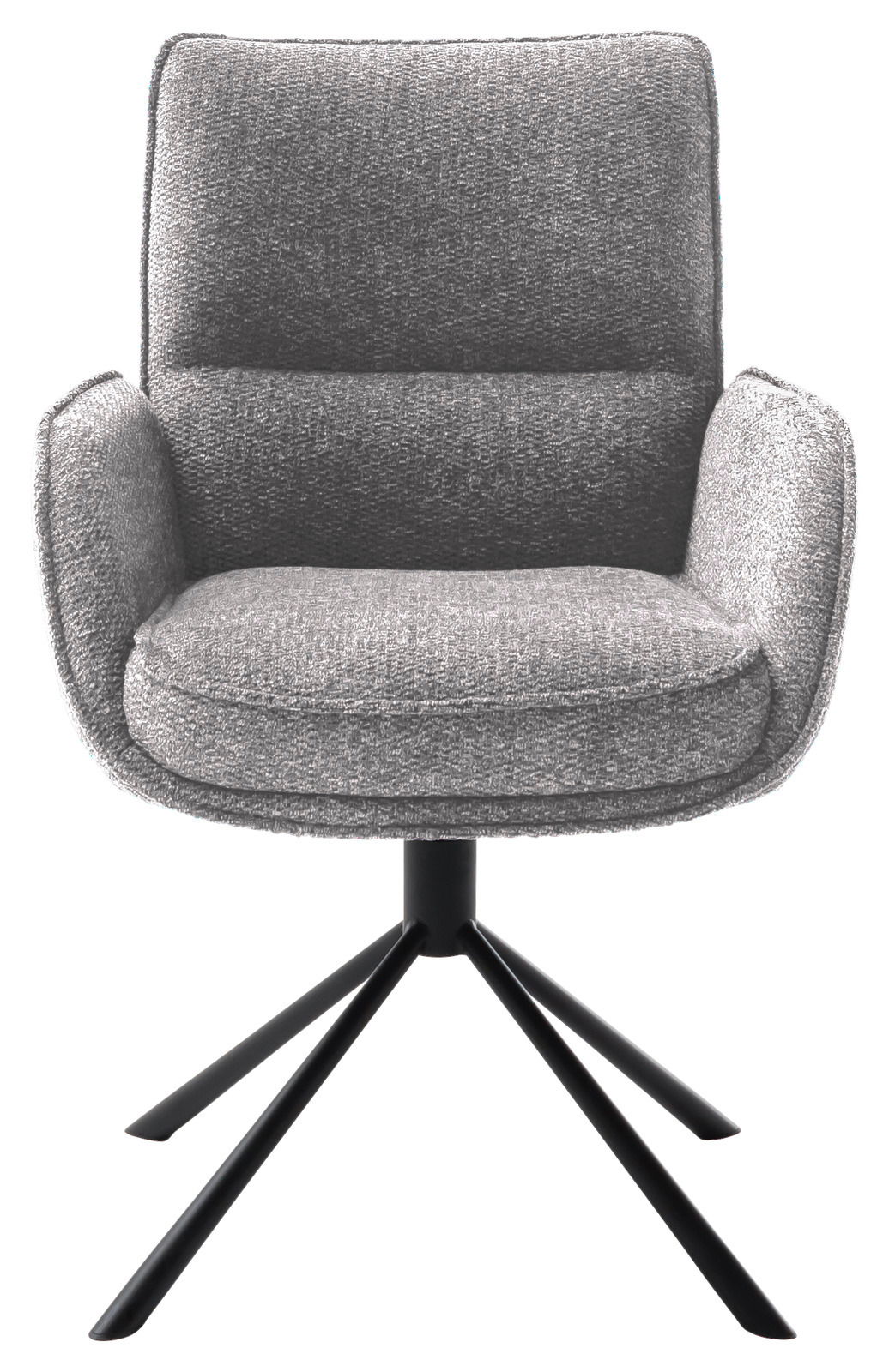 Grauer Armlehnstuhl mit gepolstertem Sitz und Rückenlehne, auf schwarzem Metallgestell, Frontalansicht.