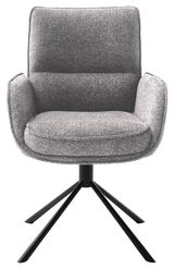 Grauer Armlehnstuhl mit gepolstertem Sitz und Rückenlehne, auf schwarzem Metallgestell, Frontalansicht.