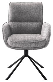 Grauer Armlehnstuhl mit gepolstertem Sitz und Rückenlehne, auf schwarzem Metallgestell, Frontalansicht.