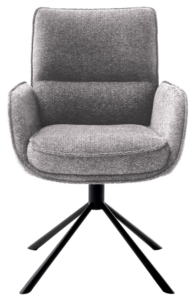 Grauer Armlehnstuhl mit gepolstertem Sitz und Rückenlehne, auf schwarzem Metallgestell, Frontalansicht.