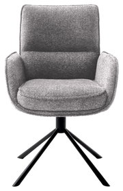 Grauer Armlehnstuhl mit gepolstertem Sitz und Rückenlehne, auf schwarzem Metallgestell, Frontalansicht.