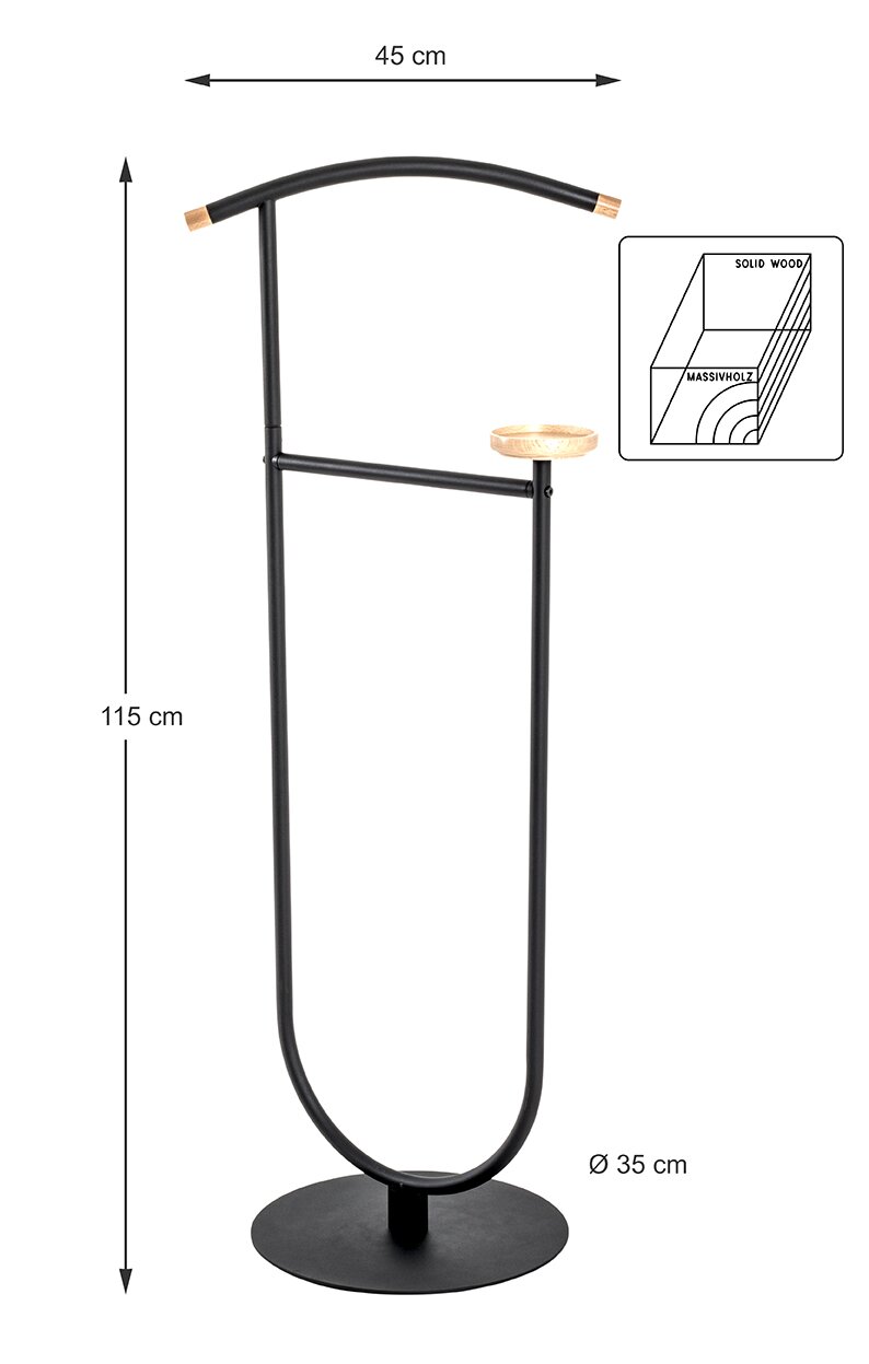 Freistehender schwarzer Garderobenständer aus Metall mit gebogenem Kleiderbügel (45 cm), Massivholz-Details und kleiner Ablageschale, Höhe 115 cm, runder Standfuß Ø 35 cm, Frontansicht.