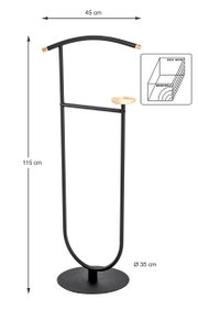 Freistehender schwarzer Garderobenständer aus Metall mit gebogenem Kleiderbügel (45 cm), Massivholz-Details und kleiner Ablageschale, Höhe 115 cm, runder Standfuß Ø 35 cm, Frontansicht.